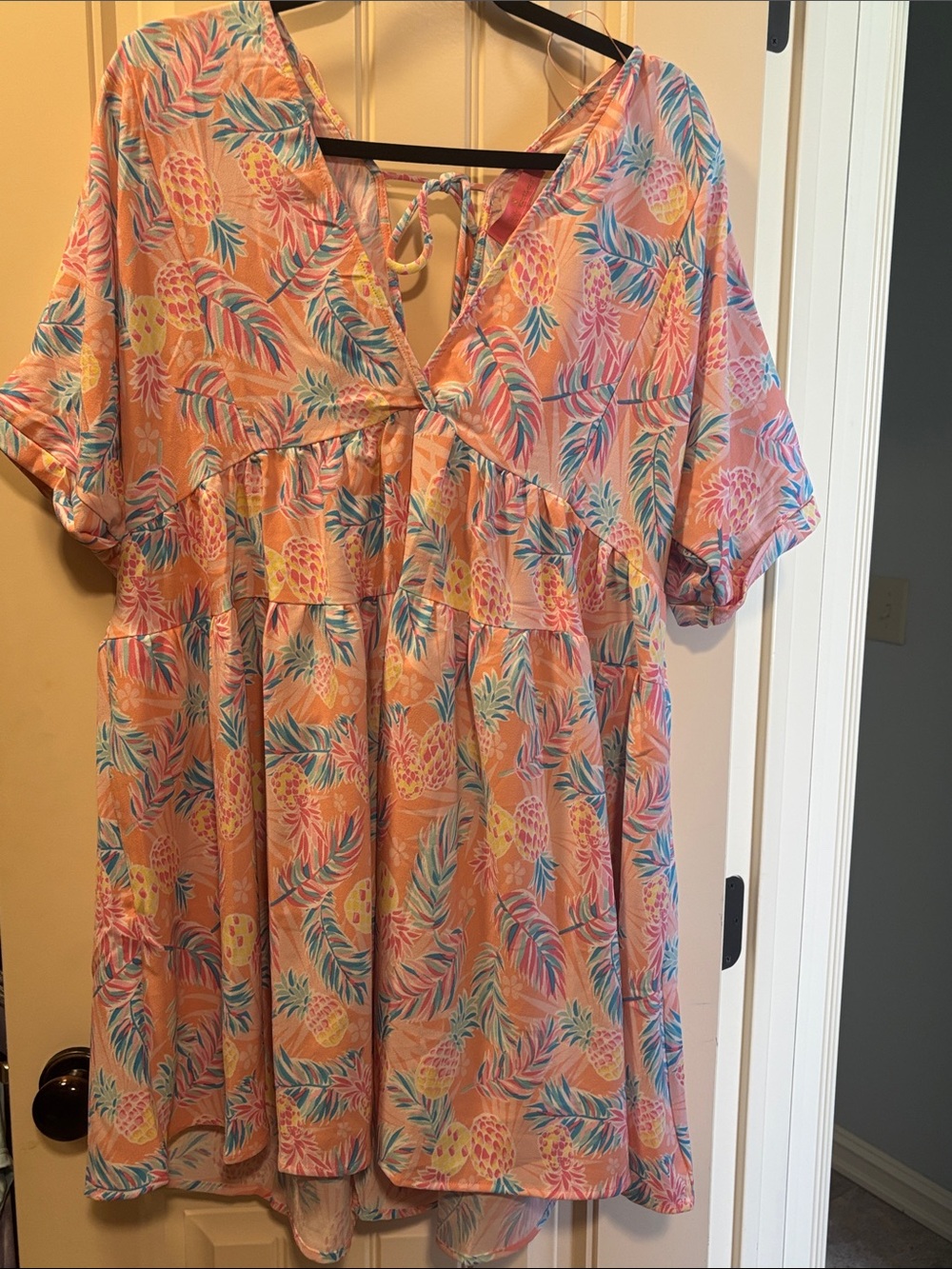 Simply Southern Coral Pineapple Tiered Sundress with Blue Leaf Print
